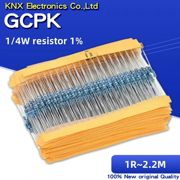 100шт Металлический пленочный резистор 1/4 Вт серии 1R ~ 2.2М 1% сопротивление 10K 22K 47K 100K 100 220 1K5 100R 220R 1K 1.5K 2.2K 4.7K 4K7 ом