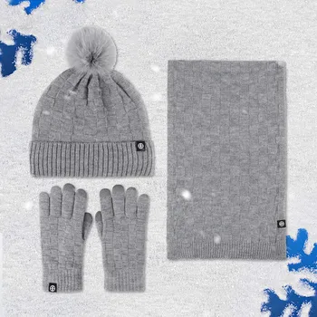 3шт Пары Зимних уличных теплых зимних шапок, шарфов и перчаток, Комплект шапок с ворсом из трех частей в клетку