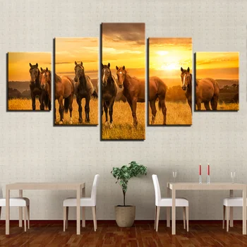 5 Штук Группа Лошадей Солнечный Свет Картины с природными пейзажами Настенный Художественный плакат HD Напечатанный на холсте Модульный декор Картины для гостиной