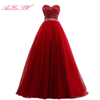 AnXin SH princess винно-красное блестящее кружевное вечернее платье винтажного синего цвета без бретелек, расшитое бисером, кристально белое бальное платье, вечернее платье