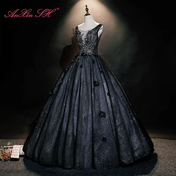AnXin SH винтаж принцесса черное кружево блестящая милая иллюзия цветок розы бальное платье невесты ведущая вечеринки сценическое вечернее платье