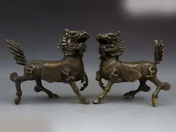 DS Китай латунь медь Фэн-шуй резные Собаки Foo Львы кайлин Пара скульптурных статуй