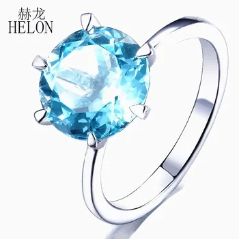 HELON Solid 18K 14k 10K Белое Золото Безупречный 10 мм Круглый Подлинный Голубой Топаз Обручальное Кольцо Для женщин Модные Изысканные ювелирные изделия