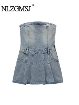 Nlzgmsj TRAF -Сексуальное женское джинсовое вечернее платье без бретелек, прямое облегающее мини-платье без рукавов, мода 2023