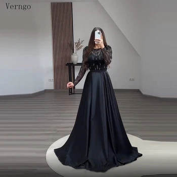Verngo A-line Саудовская Аравия Платье для выпускного вечера с круглым вырезом и длинными рукавами Вечернее платье для вечеринки, Атласное платье с бисером для торжественного случая на день рождения 2023