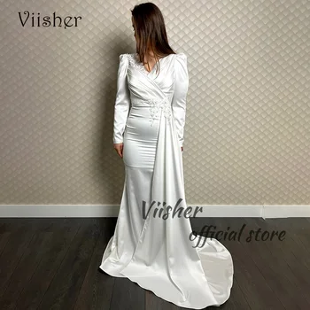 Viisher, Белые атласные вечерние платья русалки с длинным рукавом и V-образным вырезом, Арабское платье для выпускного вечера в Дубае с юбкой, официальные вечерние платья