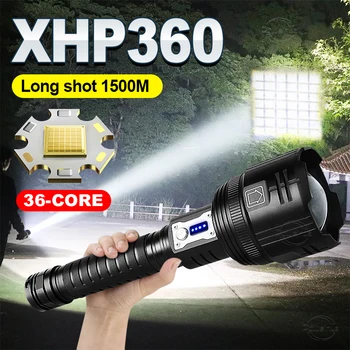 XHP360 Светодиодный фонарик высокой мощности, Супер Яркий Прожектор, Масштабируемый Аварийный фонарь с большим Радиусом действия, Индикатор мощности наружного фонаря