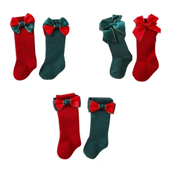 Y1UB 2 пары классических гольфов до колена, Рождественские тематические носки с бантиком для маленьких девочек, подарок на Новый год 2024 г.
