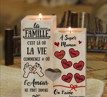 À Maman - Персонализированное имя в виде сердца, деревянные подсвечники, на которых выгравированы 1-6 имен без свечи На День рождения Матери