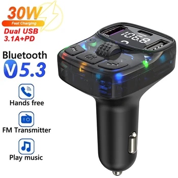 Автомобильный Bluetooth 5.3 FM-передатчик PD Type-C Двойной USB 3.1A Быстрое зарядное устройство Красочный Рассеянный свет Громкая связь MP3-плеер Adapte