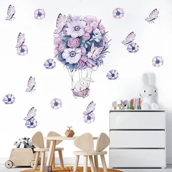 Акварельные мультяшные животные, наклейки на стену с воздушным шаром, Цветы, наклейки на стену с воздушным шаром для детской комнаты, Декор стен в детской