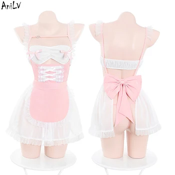 Аниме AniLV Милая девушка, Розовый Фартук горничной с конфетами, женское платье официанта, наряды, костюмы для косплея
