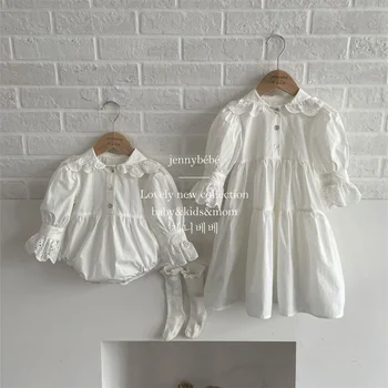 Белое кружевное боди с воротником-лепестком принцессы в корейском стиле для маленьких девочек, Весна 2023, Новая одежда для младенцев, детские платья 0-6лет