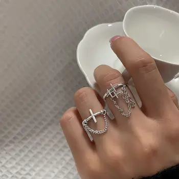 Винтажные кольца с перекрестной цепочкой в стиле панк для женщин Y2K Модное ретро кольцо с серебряным покрытием 925 пробы Y2K Подарок ювелирных изделий в стиле хип-хоп