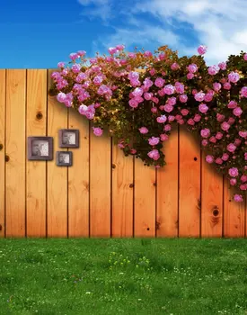 Деревянная стена 5х7 футов Розовые цветы Трава Фотофоны Реквизит для фотосъемки Студийный фон