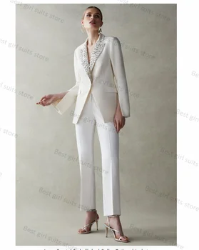 Жемчужно-белый женский костюм, комплект из 2 предметов, блейзер + брюки, свадебные смокинги для гостей, Официальное мероприятие, Офисная женская куртка, пальто, сшитое на заказ