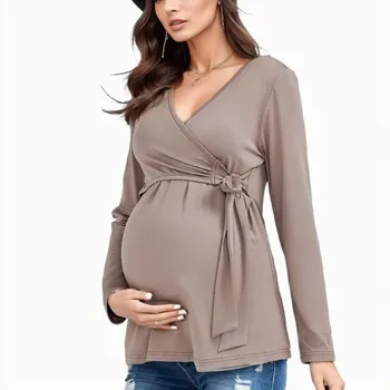 Женская рубашка для беременных с длинным рукавом и V-образным вырезом, топы для беременных и кормящих, Регулируемый галстук на талии, обертывание спереди, одежда для беременных и кормящих грудью