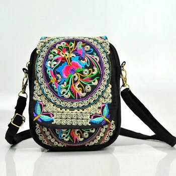 Женская сумка через плечо, дорожная сумка, винтажная цветочная вышитая сумка через плечо на молнии, высококачественная вышитая сумка для мобильного телефона