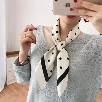 Женский шарф из 100 шелка в горошек, квадратные повязки для волос, платок, шейный платок, белый
