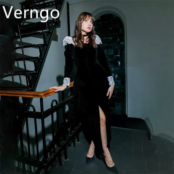 Женское вечернее платье из черного бархата Verngo с длинными кружевными рукавами, элегантное платье для выпускного вечера с разрезом, платье трапециевидной формы на день рождения