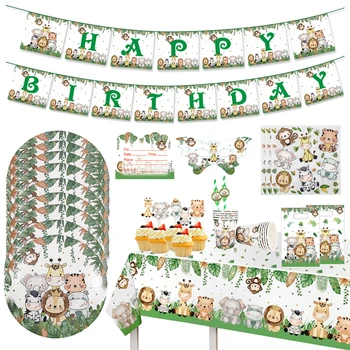 Животные джунглей Одноразовая посуда Украшение для вечеринки в честь Дня рождения сафари в джунглях Jungle Wild One 1st Birthday Baby Shower