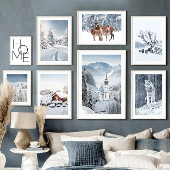 Зимний снежный лес, мост, горный олень, настенное искусство, холст, живопись, плакаты на скандинавскую тему и принты, настенные панно для декора гостиной
