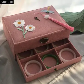 Коробка для макияжа с цветочной вышивкой, отдельная решетчатая коробка для хранения с замком, Туалетный столик, Органайзер для браслетов, ювелирных изделий, Вешалка для серег