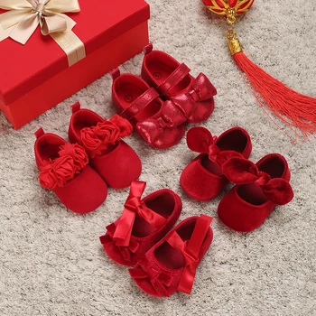 Красные праздничные туфли принцессы для маленьких девочек 0-1 лет, детские туфли для ходьбы на тканевой подошве с галстуком-бабочкой, Одиночные туфли Мэри Джейн