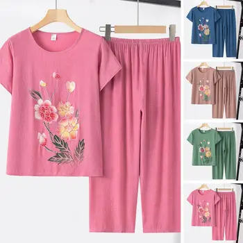 Летние комплекты из двух предметов, женская рубашка с цветочным принтом и круглым вырезом, топы и брюки с высокой талией, повседневный спортивный костюм, женская одежда