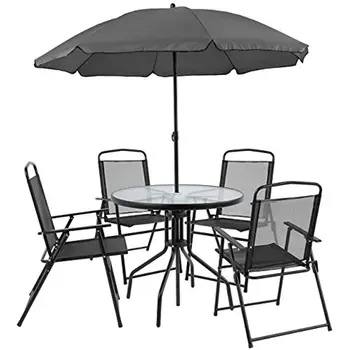 Мебель Nantucket Набор Садовых столов для Патио из 6 предметов - Столик-зонт - Набор из 4 Черных Складных стульев