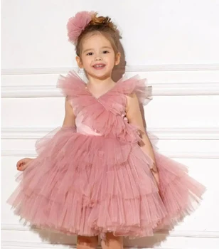 Милое Розовое многослойное Свадебное платье в цветочек для девочек, фатиновое пышное платье до колен с бантом, Детское бальное платье для Первого причастия на День рождения