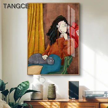 Мультяшная длинноволосая девушка с кошкой, плакаты, абстрактная живопись на холсте в стиле Пикассо, красочные настенные панно для гостиной