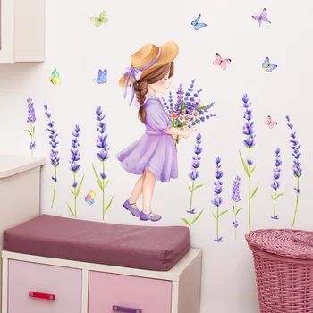 Наклейка на стену с Бабочкой Лавандовой Девушки - Самоклеящийся Настенный Арт для декора комнаты и фоновой стены