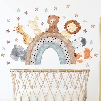 Наклейки на стену с мультяшными животными, медведем, львом на радуге, звездами для детской комнаты, наклейки на стены детской комнаты, домашний декор