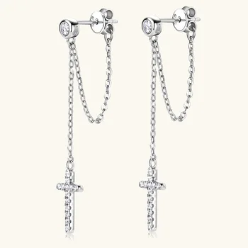 Настоящий 3,0 мм D Цвет VVS1, Серьги с муассанитовым крестом для женщин и девочек, ювелирные украшения из серебра 925 пробы, длинные серьги-гвоздики с цепочкой