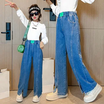 Новые весенние джинсы для девочек-подростков с высокой талией и широкими штанинами, детские свободные Корейские синие джинсовые брюки, Повседневная стильная брючная одежда