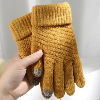 Новые осенне-зимние вязаные шерстяные перчатки с пятью пальцами, плюшевые для женщин и девочек, морозостойкие, скользящие по экрану, теплые шерстяные варежки для верховой езды