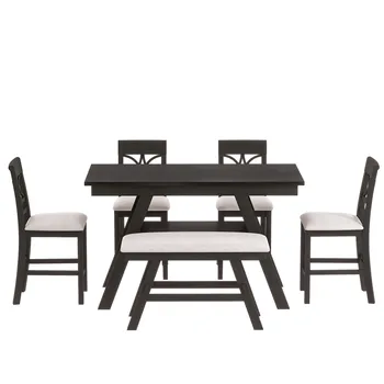 Обеденный стол высотой с Деревянную столешницу из 6 частей с Полкой для хранения, Кухонный стол со Скамейкой и 4 Стульями, Деревенский стиль, Эспрессо
