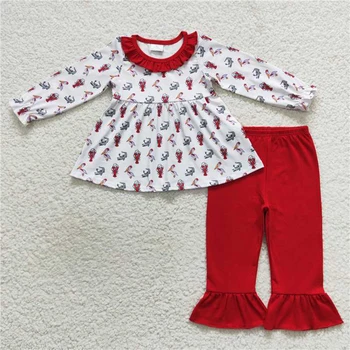 Оптовая продажа детской одежды, красный кружевной брючный костюм с длинными рукавами из омаров и белого цвета для маленьких девочек, бутик одежды, пижамы