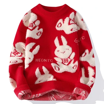 Осень-Зима, Новый повседневный свитер с круглым вырезом, мужская трикотажная рубашка, пара счастливых кроликов, Рождественский Новогодний свитер, утолщенный теплый