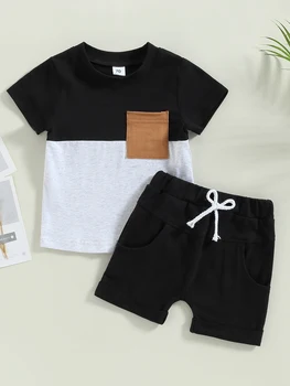 Очаровательный летний наряд для маленького мальчика, стильная футболка в цветную полоску с коротким рукавом, карманом и эластичные шорты в комплекте - Модный комплект для новорожденных