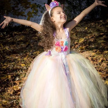 Платье-пачка с единорогом и цветами для девочек, детское вязаное крючком платье на тюлевом ремешке, бальное платье с лентами и бантом для волос, детские праздничные платья для костюмов