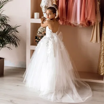 Платья для девочек в цветочек для гостей свадьбы, Детей, Подружек невесты с поясом, кружевных аппликаций, тюля