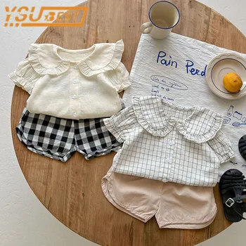 Повседневная одежда для малышей в корейском стиле, рубашка с лацканами, хлопковая одежда для мальчиков и девочек, клетчатые короткие штаны, летняя одежда для младенцев