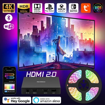 Подсветка телевизора с разрешением 4K HDMI, светодиодная синхронизация оттенков Rgb, неоновая подсветка HDR, подсветка телевизора Smart Focus, Wi-Fi, Alexa, Bluetooth, Google Assistant, Голосовое управление
