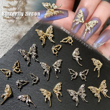 Половинки крыльев бабочки, детали для ногтей, Подвески для ногтей в виде бабочек из жидкого металла, Золотые/Серебряные Полые Бриллиантовые кристаллы для ногтей, Декор