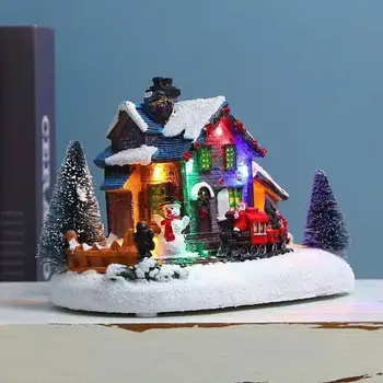 Рождественская снежная сцена, миниатюрная фигурка поезда, деревенский декор со светодиодной подсветкой