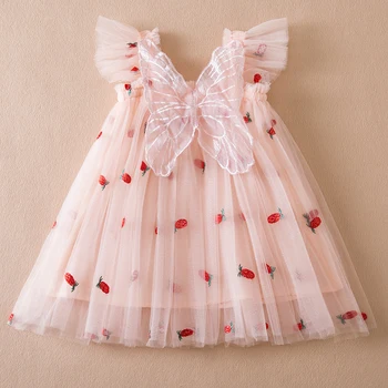 Розовое сетчатое платье принцессы с вышивкой для маленьких девочек, платье для дня рождения с развевающимися рукавами, Милое летнее платье для маленьких девочек, повседневная пляжная одежда