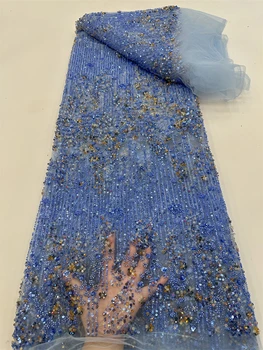 Роскошная синяя Африканская кружевная ткань из тяжелого бисера, расшитая Нигерийским французским тюлем Кружевная ткань с пайетками, 5 ярдов для шитья