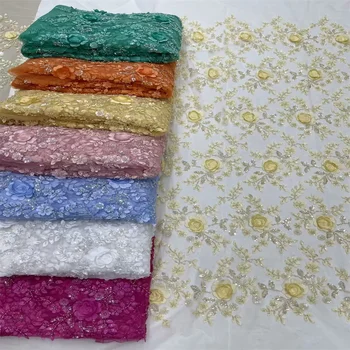 Роскошное Французское тюлевое сетчатое кружево с 3D цветочными пайетками и бисером, кружевная ткань с Африканской Нигерийской вышивкой, кружевная ткань для шитья